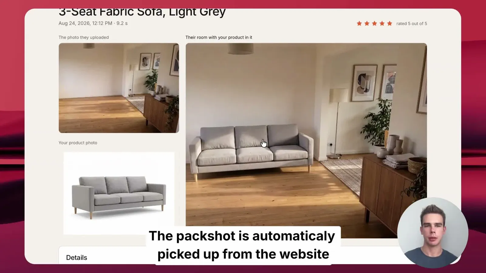 Demo: the shopper photo, your product photo and the result, next to the store report